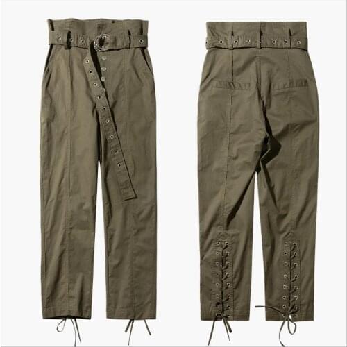 Strap lace design new womens casual pants female high waist was thin Lace-up tooling style ankle-length pants wq1883