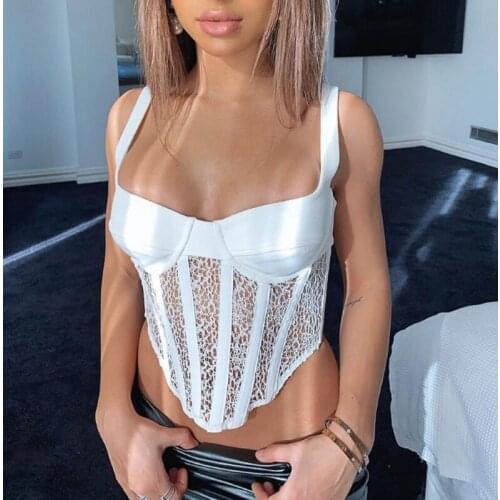 Summer 8.2 New Women Fishbone Strap Bra Vest Sexy Lace Hollow Out Zipper Corset Tanks Crop Tops 4 Color