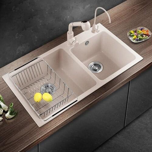 Multifunctional Household Thickening Kitchen Quartz Sink Dual Slot Matte Finish Round Corner Vegetable Washing Basin With Faucet