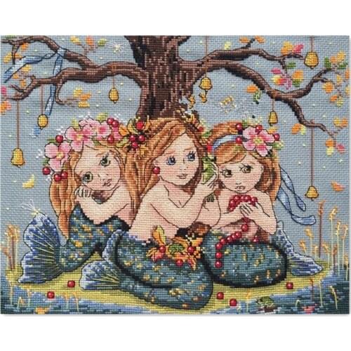 Three mermaid cross stitch kit cartoon people 18ct 14ct 11ct count light blue canvas stitches embroidery DIY handmade needlework