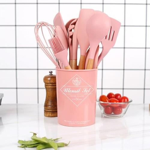 12PCS Silicone Cooking Utensils Set Non-stick Spatula Shovel Wooden Handle Cooking Tools Set with Storage Box Kitchen Tools
