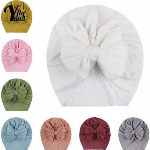 Yundfly 18*17 CM Solid Color Striped Baby Girls Turban Hat Cute Handmade Bowknot Newborn Caps Fashion Warm Children Headwear