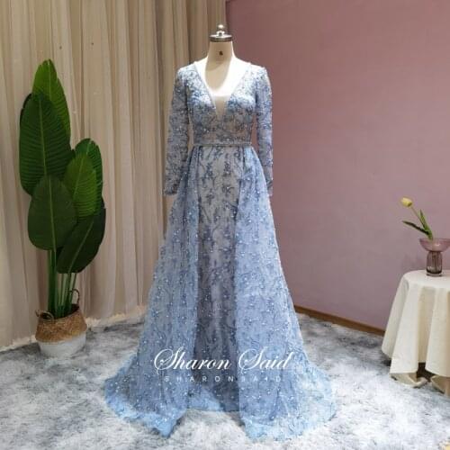 Luxury Crystal Dubai Blue Evening Dress 2021 Long Sleeve V-Neck Overskirt Arabic Prom Formal Gowns for Women Wedding Guest Party