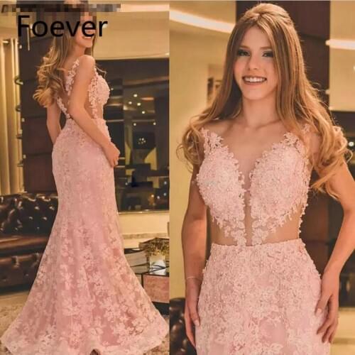 Pink Lace Illusion Evening Dresses Lace Appliques Beads Mermaid Evening Gowns Sheer Back Trumpet Prom Party Gowns