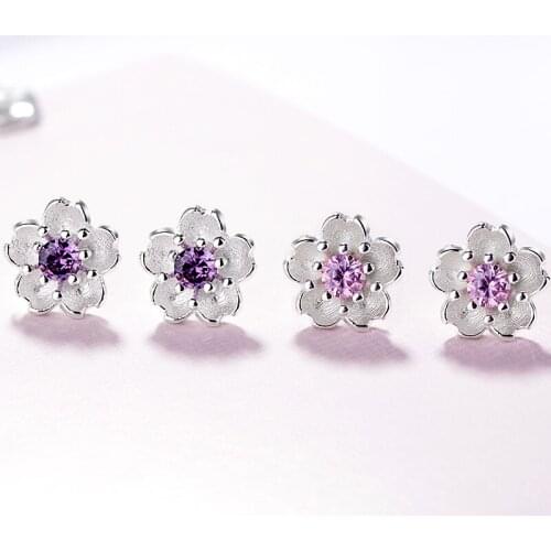 A Girl' Cherry Blossoms Flower Crystal Stud Earrings Silver Color Ear Studs Womens Fine Jewelry Mothers day Birthday Gift