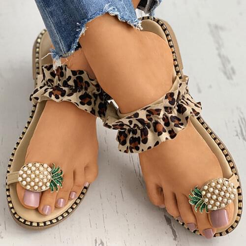 2021 Summer Hot Sale Women Slippers Pineapple Pearl Ring Toe Flat Heel Ruffles Strap Outdoor Flip Flops Sweet Fashion Shoes
