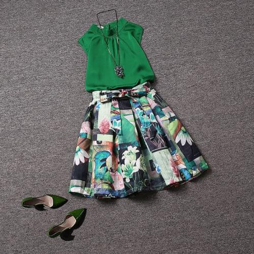 Green Chiffon Women Skirts Sets Summer New Design Vest And Printed Knee-Length Skirts Office Lady Elegant Clothing Suits