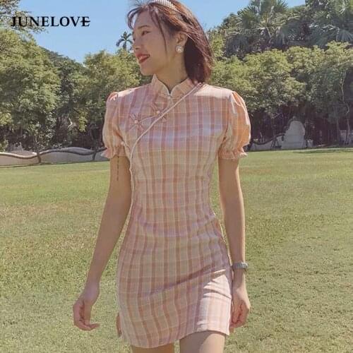 Bella Philosophy Vintage Casual Fashion Women Plaid Dress Beading Short Sleeve Office Bodycon Dress Korean Elegant OL Female