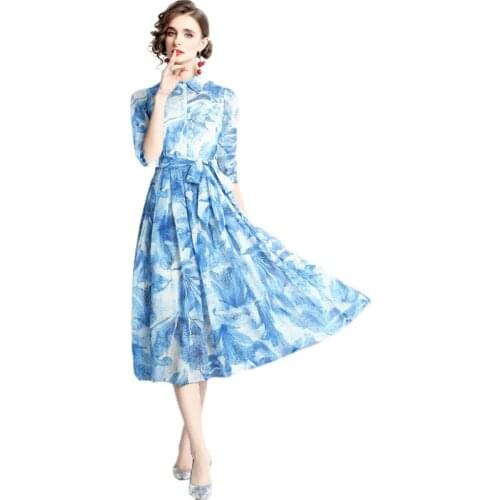 Spring Summer Runway Chiffon Pleated Dresses Womens Half Sleeve Blue Floral Print Party holidays Dress k6660