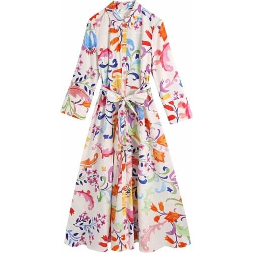 New Pop Summer Women Floral Printed Dress Belted Long Sleeves elegant Casual Vogue Chic Lady Woman Midi Sundress shirt dress