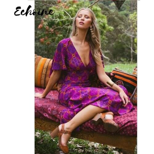 Echoine Vintage Bohemian Print Holiday Party Maxi Dress Women Summer Rose Sexy Deep V Neck Ruffles Slit Sleeve Maxi Long Dress