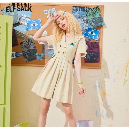 ELFSACK Cartoon Embroidery Straight Casual Preppy Dress Women,2021 Summer Chic Button,Daily Pleated Dresses