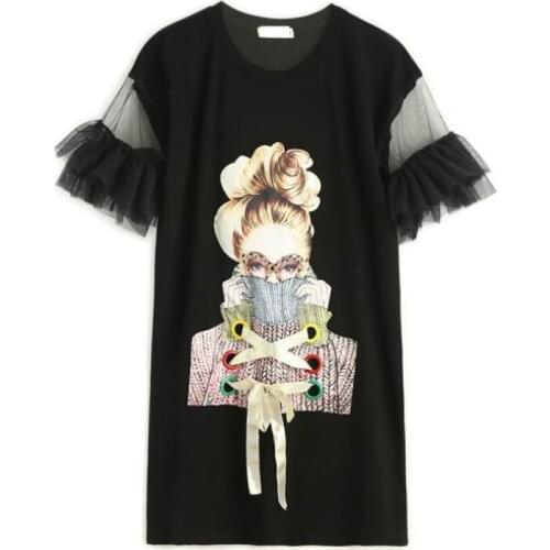 Oversized Gauze Stitching Beads T-shirt DressStreetwear Cool Girl Printed Mesh Patchwork Butterfly Sleeve Bandage Ruffles Dress