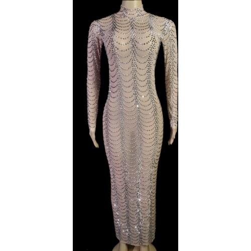 Sparkly Silver Rhinestones Transparent Long Dress Women Evening Birthday Celebrate Mesh Gown Dress Dance Costume Show Wear