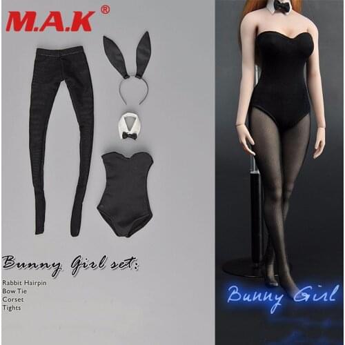 1/6 scale black lovely bunny girl style female woman hairpin bow tie clothes set model for 12" action figure body accessories