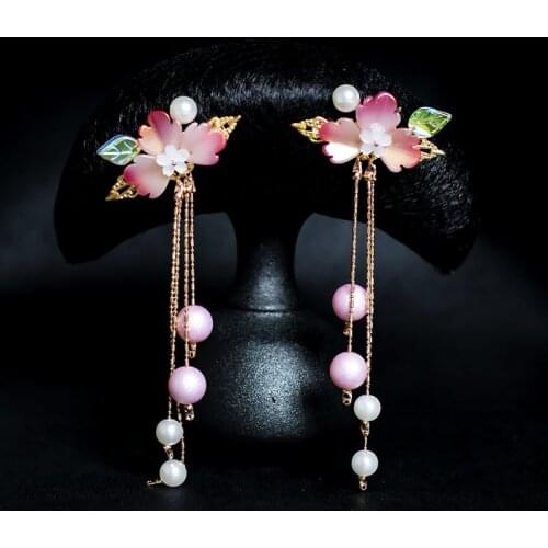 2 pcs vintage green/pink flower Long tassel pearl Girl classical Hair Jewelry Flower Hiar clips Accessories