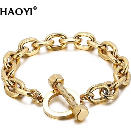 10mm Punk Charm Bracelet Minimalist Thick Gold Color Bracelet Men Armband Hip Hop Heavy Metal Chunky Lock Chain Bangle Jewelry