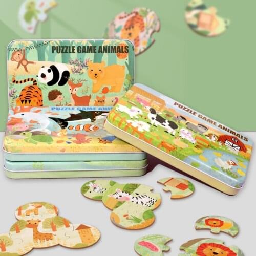 Wooden Round Tin Box Creative Cross-border Puzzles Children Early Educational Cognitive Matching Cartoon Animal Puzzle Toy