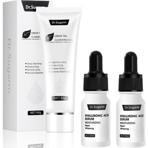 Dr.Sugarm 2Pcs Hyaluronic Acid Serum Face Care Set Moisturizing Anti Aging Anti-Wrinkle 1Pcs Green Tea Cleansing Mask Face Cream