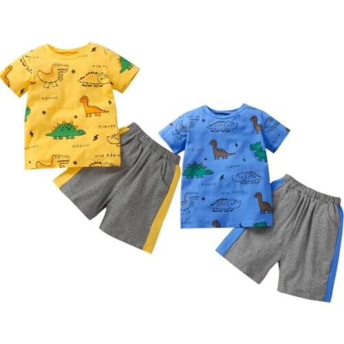 2Pcs Fashionable Little Boys Outfit Summer Toddlers Round Collar Dinosaur Printing Short Sleeve T shirt Top Casual Shorts Set