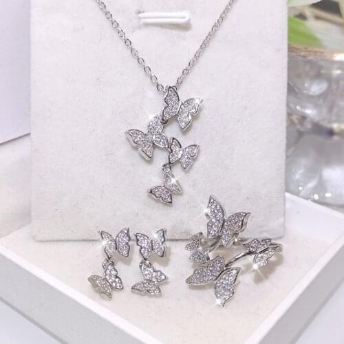 Cute Bling CZ Stone Butterfly Pendant Necklace Jewelry Set 925 Sterling Silver Drop Earrings Ring for Women Fashion Jewelry