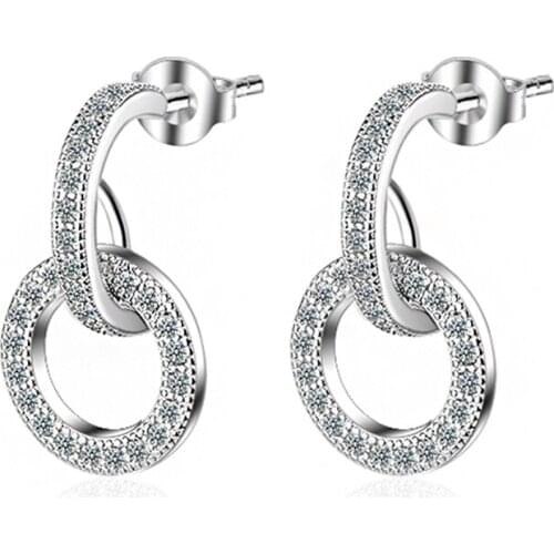 Shiny CZ Micro Zirconia Circle Pendants Earrings Silver Color Stud Earrings Fashion Wedding Party Jewelry Gift for Women brincos