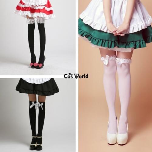 Lolita Bowknot Lace Over The Knee Long Stocking Socks Thighhighs For Maid Dress Cosplay Costumes