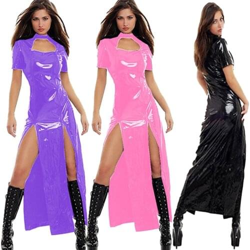 Summer Soild Color Open Fork Split Leather Long Dress Female Clothing Streetwear Short Sleeve dress Open Chest Boho Party Dress