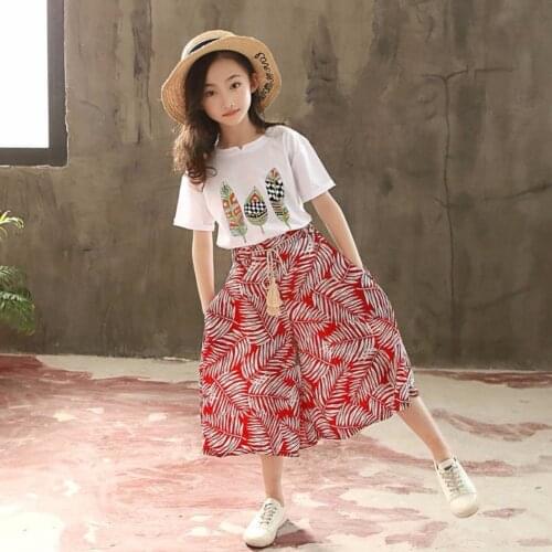 Summer Baby Girl Dress Print Short Sleeve Girl T-shirt + Wide Leg Casual Long Pants Children Sets