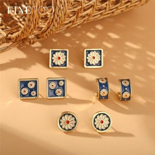 Cute Enamel Daisy Flower Stud Earrings For Women Lovely Square Round Geometric Small Earrings Jewelry 2020
