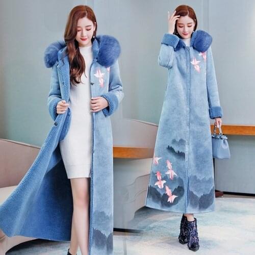 Fashion Elegant Printing Suede Lambs Wool Women Winter Jacket Parka Feminina Thick Maxi Coat Women Cotton Winter Jackets AA5228