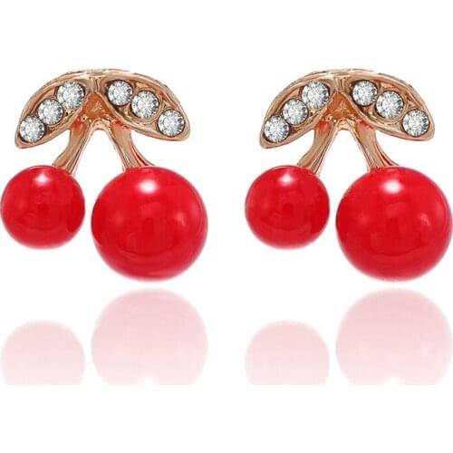 New Fashion Simple Red Cherry Rhinestone Fruit Earrings Temperament Small Cute Earrings Fresh Earrings Girlfriend Gift