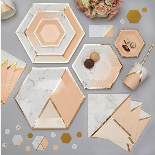 Disposable Tableware Paper Dinnerware Gold Foil Hexagon Plates Cutlery Napkins Cups Knife Forks Straws For Birthday Weddings