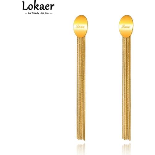 Lokaer Fashion Stainless Steel Long Snake Chain Tassel Earrings Jewelry 14K Gold Love Dangle Earrings For Women Серьги E21116
