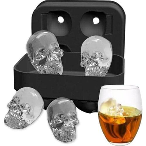 4 Grids 3D Skeleton Head Ice Mold Tray Halloween Skull Shaped Silicone Whisky Wine Ice Cube Making Mould For Bar Party Supplies