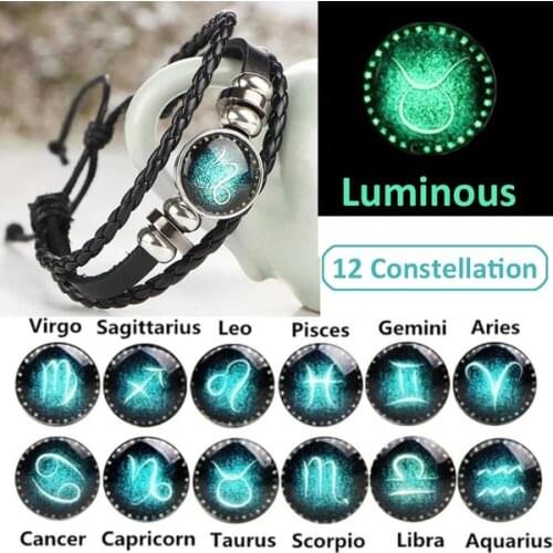 Glowing 12 Constellation Punk Bracelet Glass Dome Luminous Zodiac Sign Woven Leather Bracelet Men Women Jewelry Accessories Gift