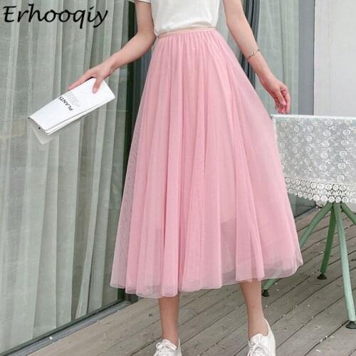 Solid Color Summer Tulle Skirt Womens Fashion Korean Midi Skirt Female Beach Party Long Maxi Skirt Pink Ladies Chic Tutu Skirts