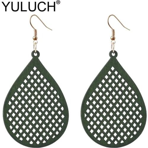 YULUCH Fashion Green Wood Water Drop Earrings Personality Fashion Jewelry Women Black Red Hollow Wood Pendant Earrings For Party