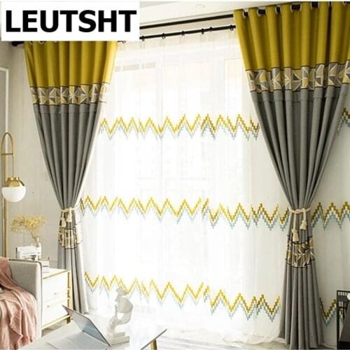 Nordic Style Curtain for Living dining Room Bedroom Grey Yellow Splice Wave Embroidered Simple Geometric Blackout Curtain