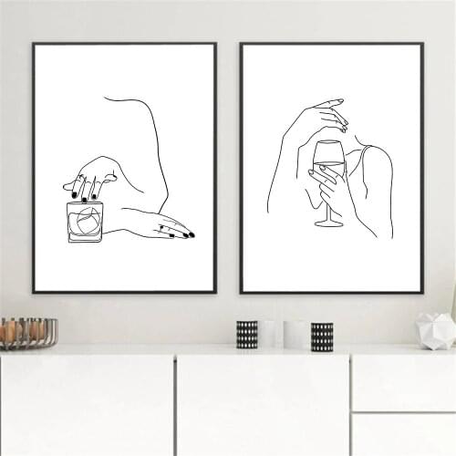 Women Body Abstract Line Art Canvas Paintings Wine Woman Poster Sexy Lady Hands Wall Art Print Black White Picture Kitchen Decor