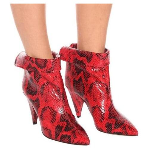 Moraima Snc Fashion Pointed Toe Snakeskin Leather Ankle Boots for Woman Autumn Spike Heels Riding Boots Celebrity Cuffed bootie