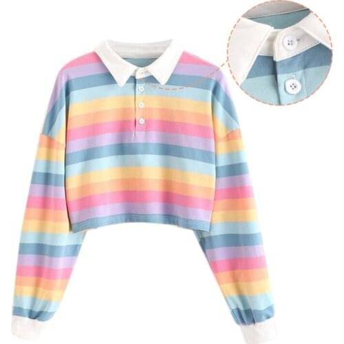 Women Long Sleeve Cropped Sweatshirt Rainbow Stripes Lapel Buttons Loose Tops MXMA