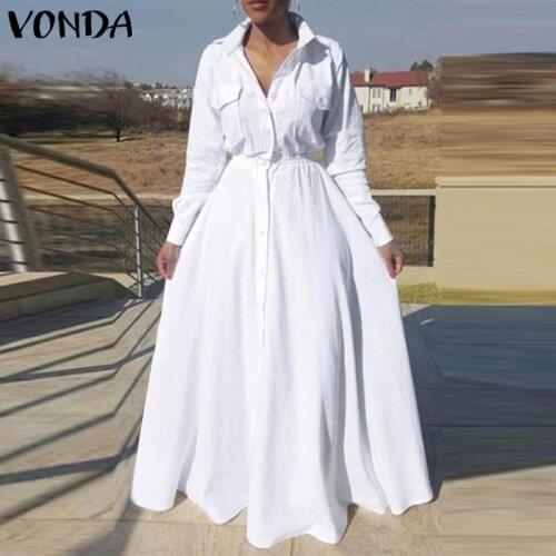 Women Party Long Maxi Dress 2021 VONDA Casual Turn Down Collar Shirt Dress Holiday Beach Sundress Bohemian Vestidos