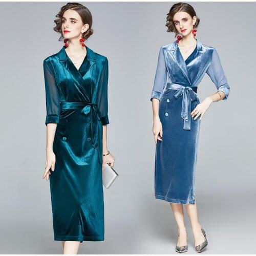 New Lapel Lapel Long Sleeve Split Slim Gold Velvet Wrapped Hip Long Dress