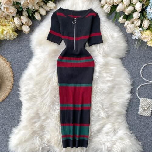 Vintage 2021 spring zipper Slim Summer striped print dress Knitted Bodycon short patchwork Dress Women Casual Party sheath dress