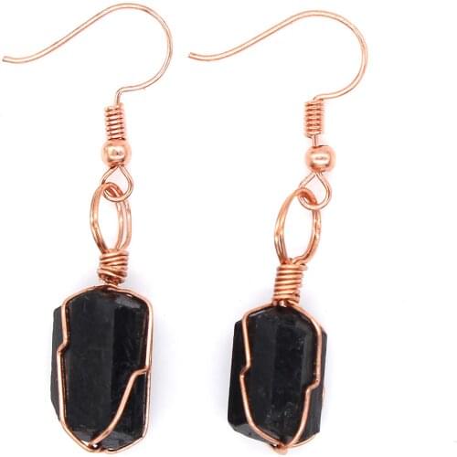 100-Unique 1 Pair Rose Gold Color Wire Wrap Irregular Shape Black Tourmaline Stone Dangle Earrings
