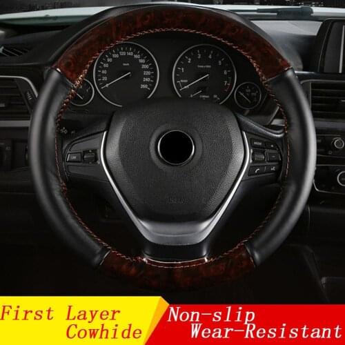 15 inch/38 cm Genuine Leather Car Steering Wheel Cover Anti-slip Steering-Wheel Braid Stitch On Wrap With Needle and Thread