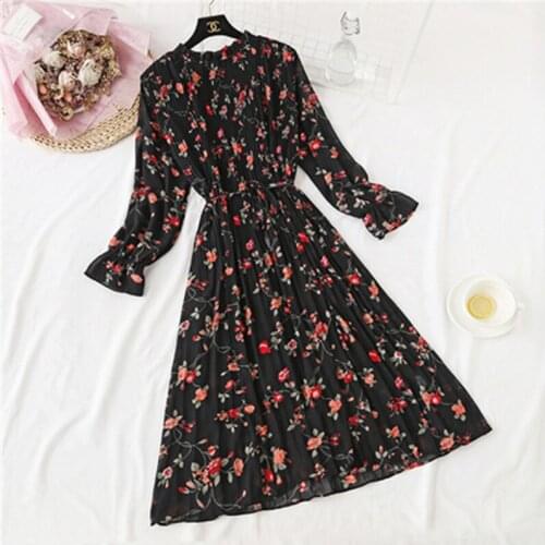 2020 Autumn Latest High Waist Round Neck Waist Slimming Printed Mid-Length Chiffon Dress Ladies Small Fresh Wild Plus Size 3XL