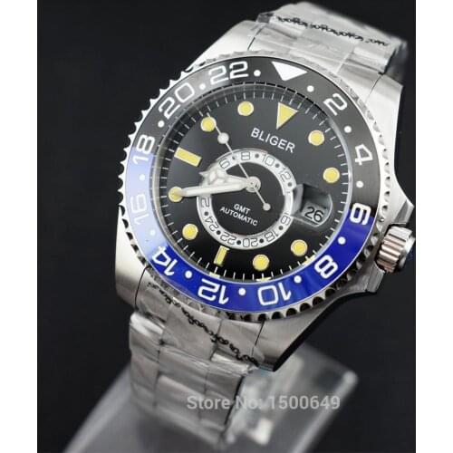 BLIGER 43mm Half circle black half circle blue Ceramic Rotate Bezel black dial with yellow function automatic mens Wrist watch