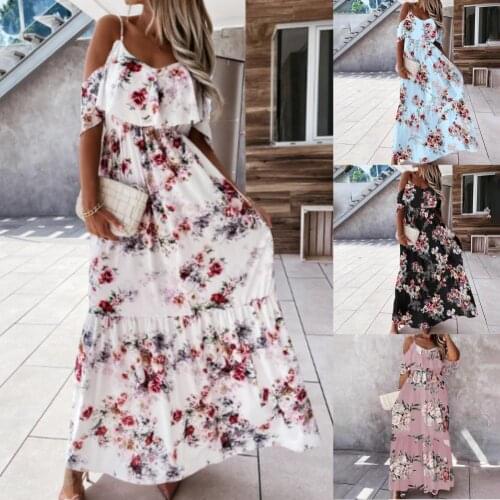 Bohemian Women Dress Low Cut Cold Shoulder Short Sleeves Floral Print Maxi Dress 2021 Summer Casual Office Lady Dresses vestidos